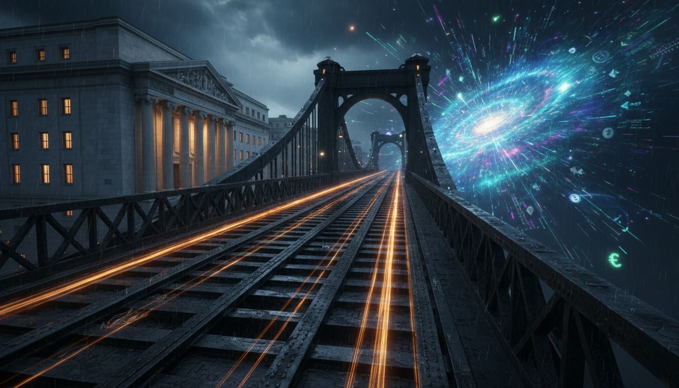 Digital asset treasury companies represented on global stock market indices with cryptocurrency and traditional finance integration visualization