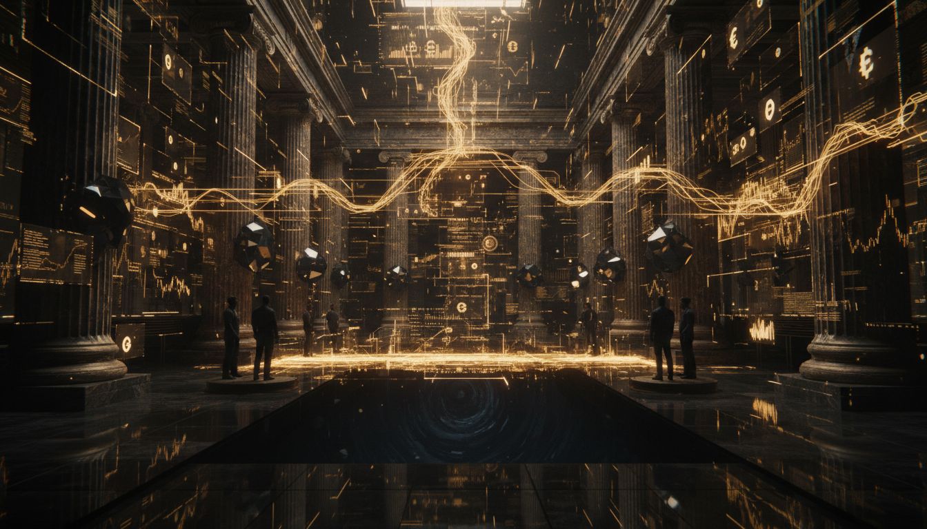 Wall Street financial institutions building blockchain infrastructure with on-chain network visualization and cryptocurrency integration graphics