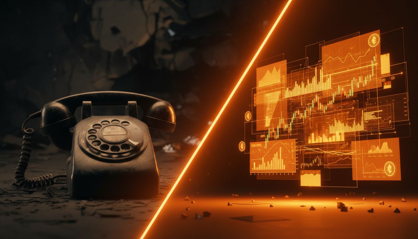Comparison visual showing the evolution from traditional telephone broker trading methods to modern instant cryptocurrency trading platforms on mobile devices