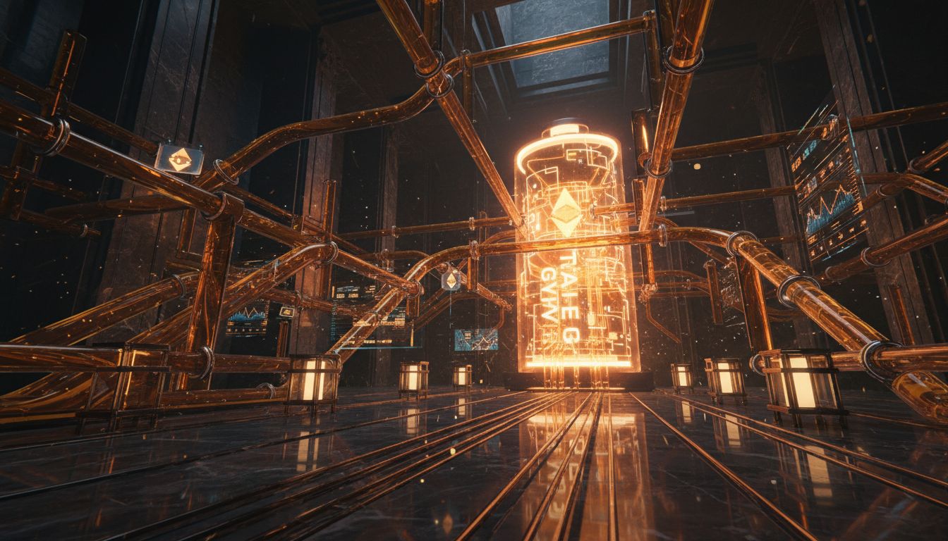 Financial chart showing Ethereum ETF performance metrics and staking yield percentages with upward trending indicators