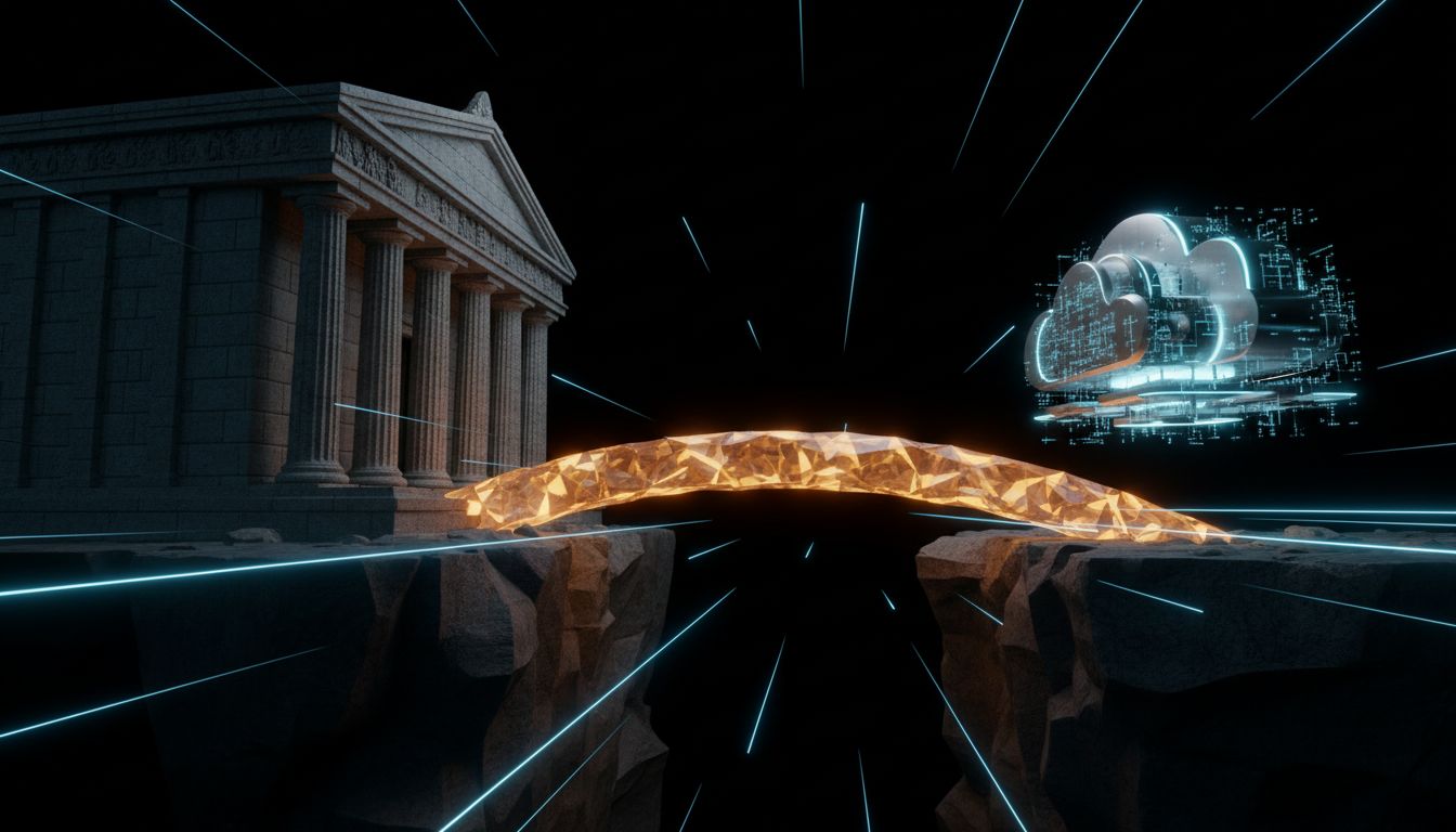 Digital illustration of stablecoin clearing platform connecting traditional banking infrastructure with blockchain networks and cryptocurrency wallets