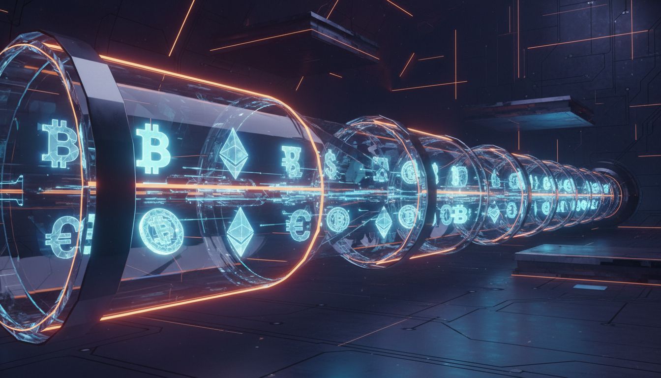 Visualization of tokenized money flow between regulated stablecoin issuers and traditional financial institutions through digital payment rails
