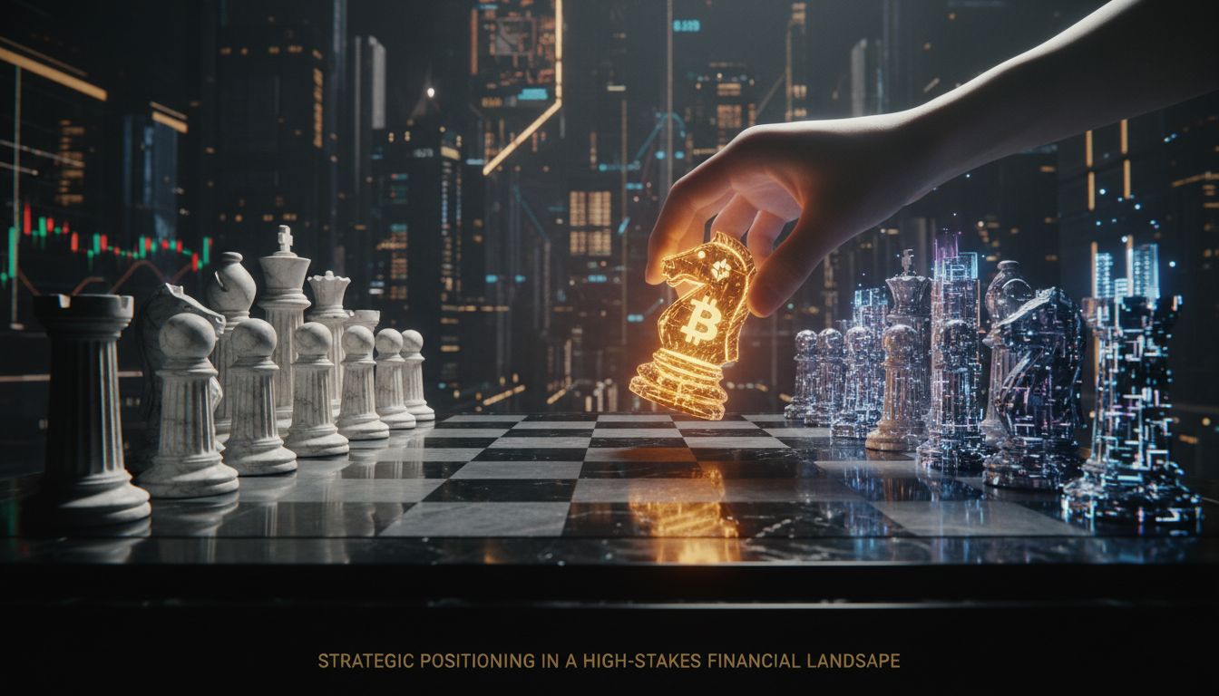 Financial analysts discussing Bitcoin ETF strategy at Morgan Stanley, with digital screens displaying cryptocurrency market data and blockchain technology visualizations