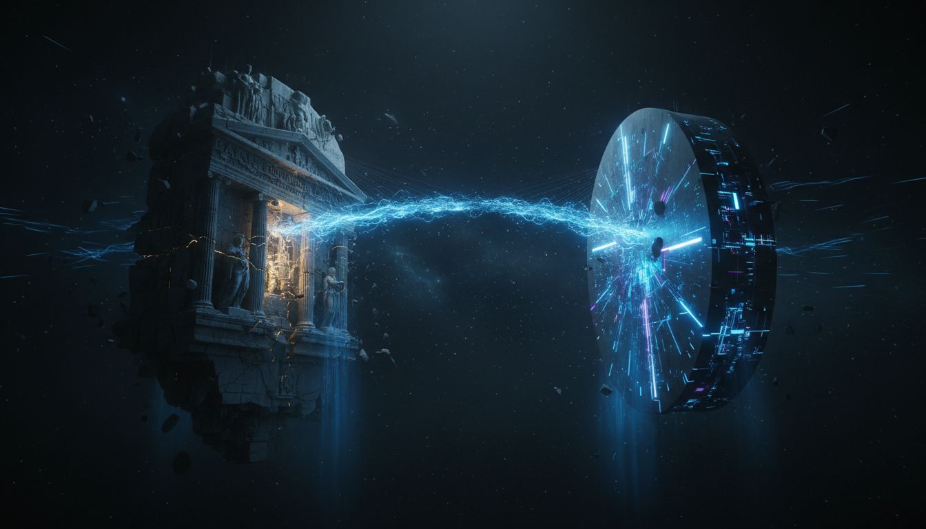 Digital illustration of JPM Coin token connecting to Canton Network blockchain infrastructure with institutional banking elements