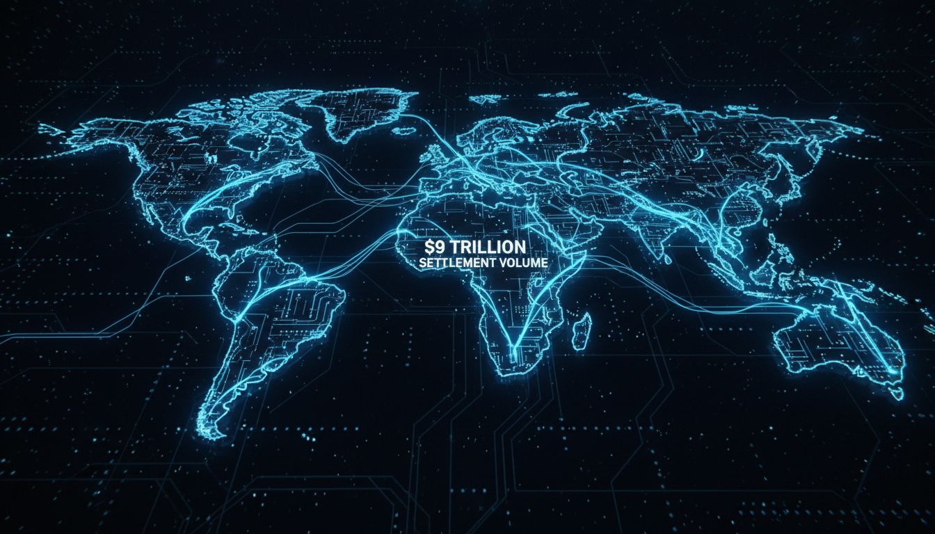 Graph displaying the 87% surge in stablecoin settlement volume in 2025 with $9 trillion in onchain transactions