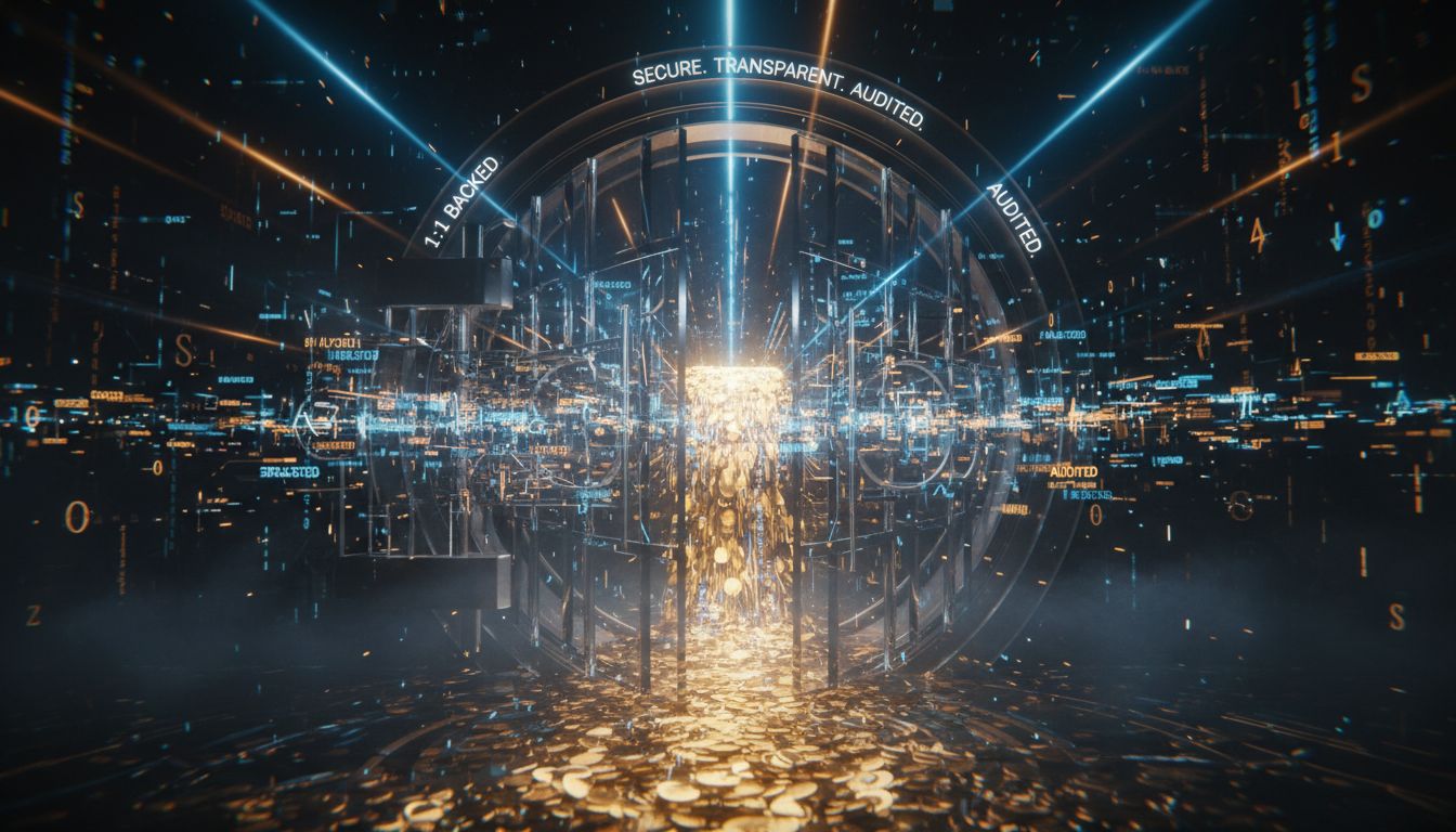Digital illustration showing UAE dirham currency connected to blockchain network nodes representing the 1:1 pegged stablecoin technology