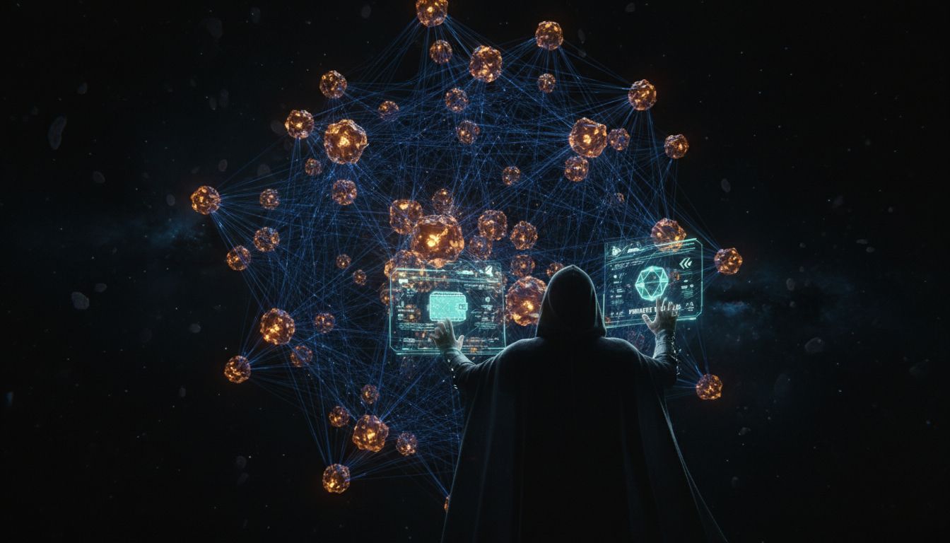 Conceptual illustration showing decentralized finance protocols and cross-border cryptocurrency transactions flowing through blockchain networks beyond traditional banking systems