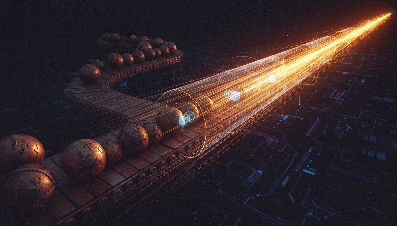 Conceptual graphic of cryptographic keys and quantum particles illustrating the vulnerability of blockchain encryption to quantum computational attacks