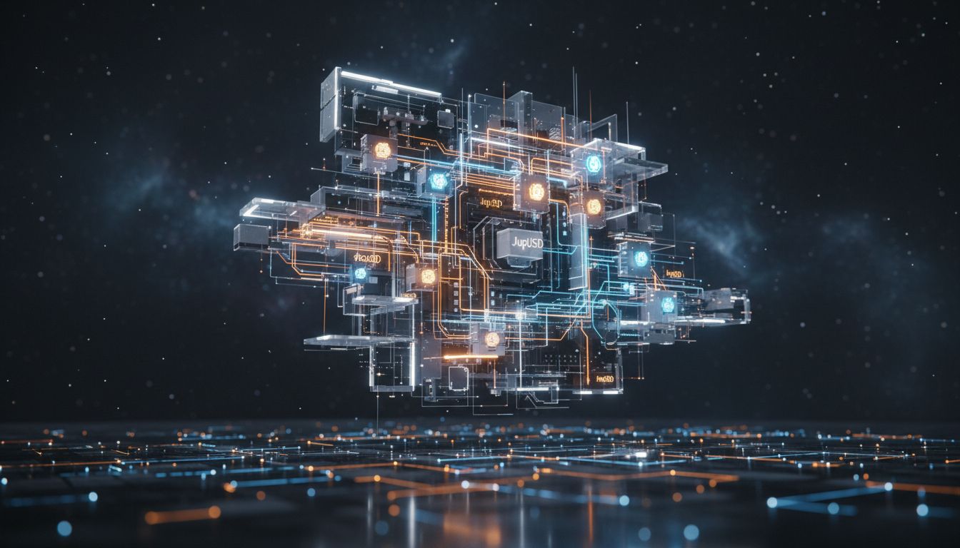 Visualization of JupUSD integration across Jupiter's DeFi ecosystem including lending protocol, perpetuals platform, and trading tools on Solana